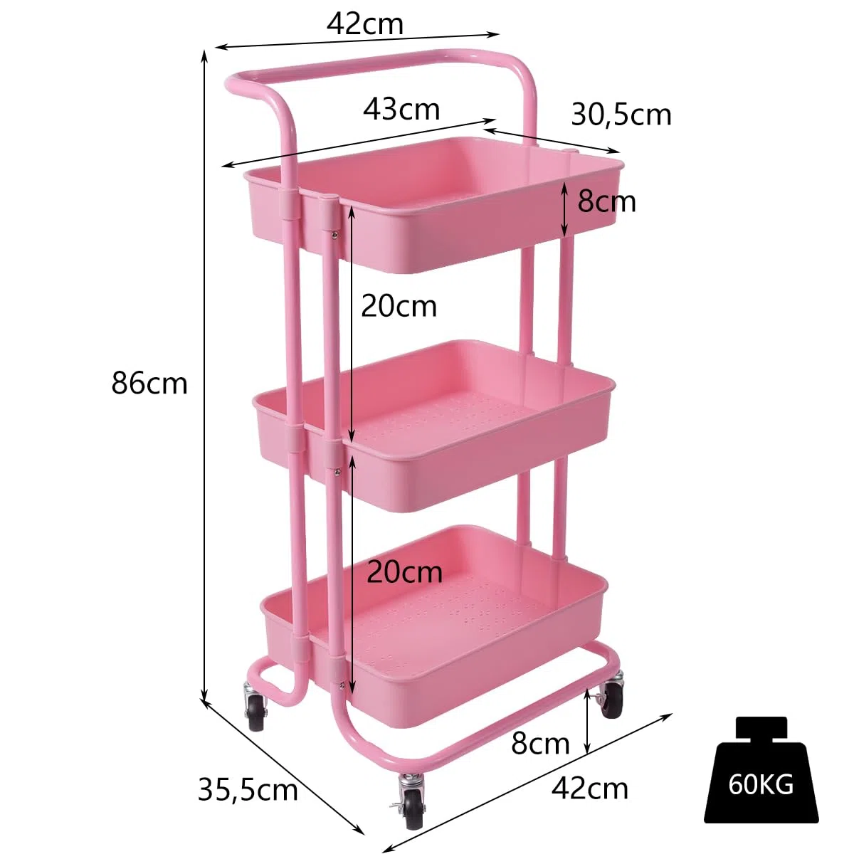 GYMAX Carrello Portaoggetti con Ruote, 3 Cassetti, Carrellino Organizzatore Salvaspazio, per Uffici, Parrucchieri, Studio, Soggiorno, 42x35x87cm (Rosa)