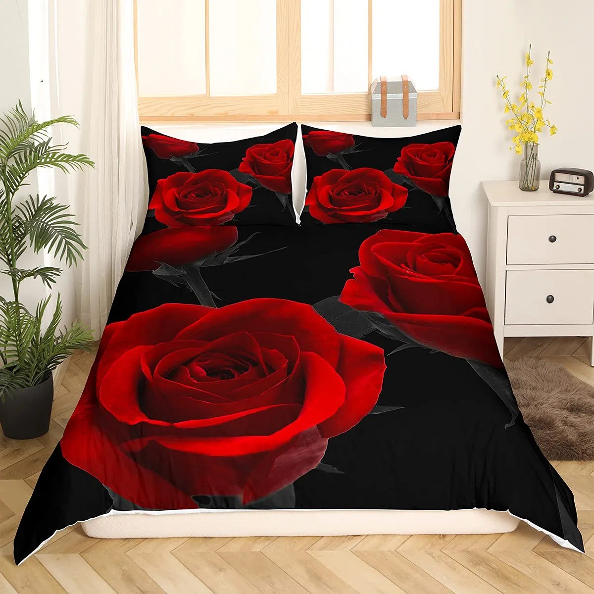 Set di biancheria da letto con rose rosse di lusso, copripiumino floreale per ragazze, donne, coppia, fiori romantici, copriletto per San Valentino, copripiumino rosso e nero, trapunta 3 pezzi, misura