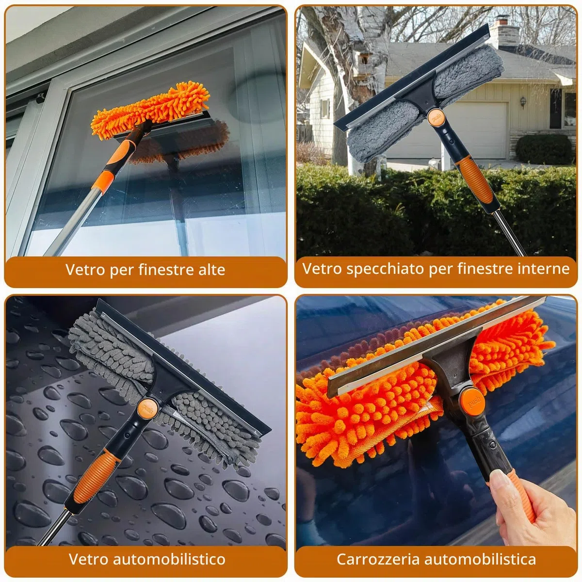 6,1 m + Reach lavavetri Duster 2 in 1, kit di strumenti per la pulizia dei vetri ruotabile con asta di estensione da 0,9 a 4,3 m, attrezzatura per il lavaggio dei vetri per interni ed esterni, 3