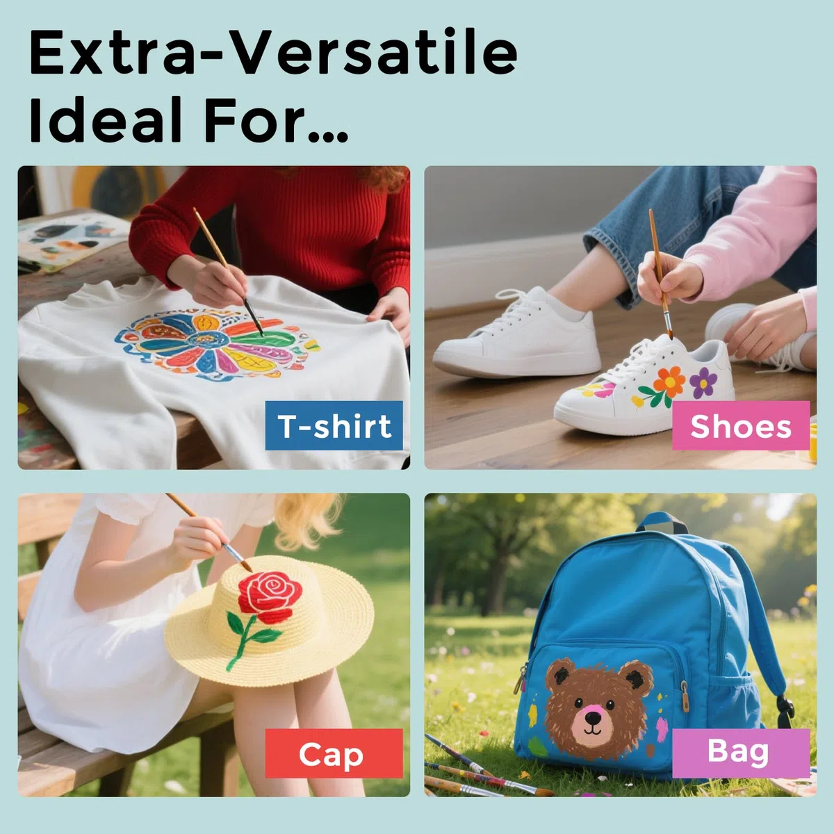 XSG 24 colori colori per tessuti in bottiglie (60 ml/2 oz) con pennelli, tavolozza, stencil, vernici tessili atossiche per magliette, scarpe, borse, jeans, non necessita di riscaldamento