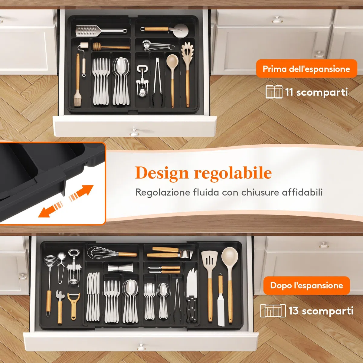 Lifewit Portaposate da Cassetto Grande, Organizer Posate da Cassetto, Espandibile da 54,1 a 91,4 cm di Larghezza, Organizer Cucina in Plastica per Posate, Cucchiai, Forchette, Coltelli, Nero