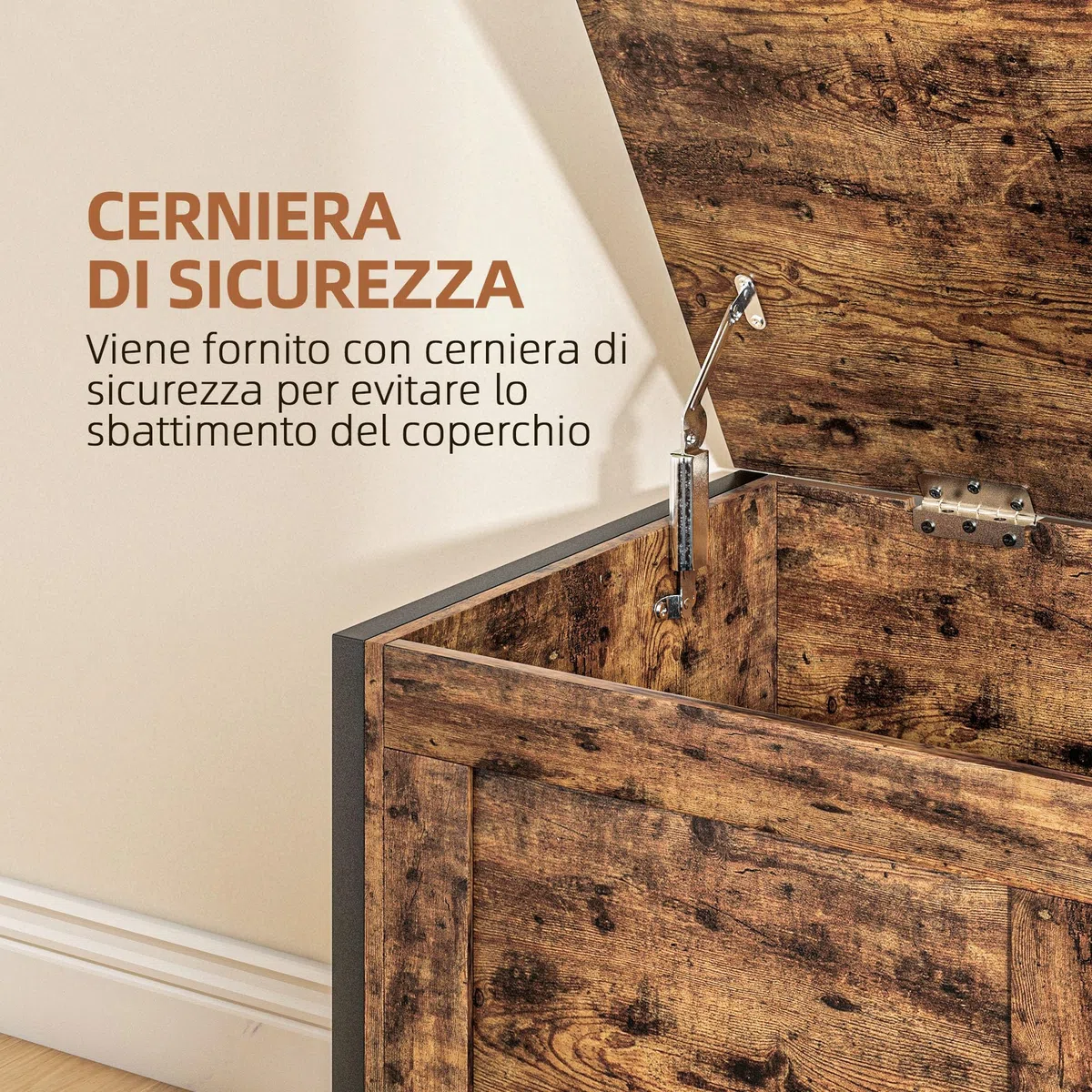 HOMCOM Cassapanca da 95L in Stile Industriale con Coperchio con Cerniera di Sicurezza, Panca Contenitore Multiuso per Salotto e Ingresso, 80x40x49cm, Marrone Rustico