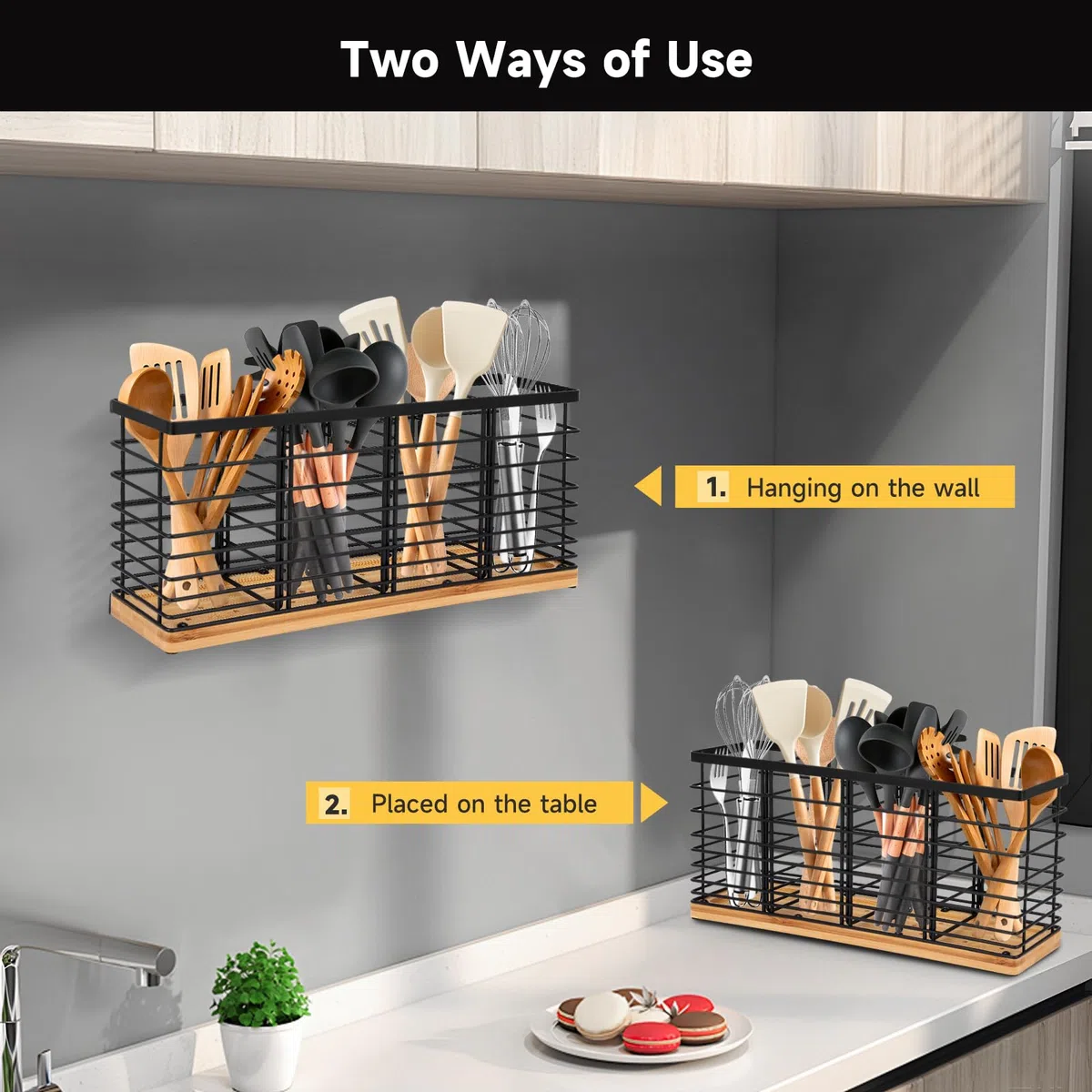 Portautensili da cucina in acciaio inox con 4 scomparti in legno + 1 scomparto per utensili da cucina, porta utensili da cucina con ripiano rimovibile, grande ciotola per coltelli, cucchiai e