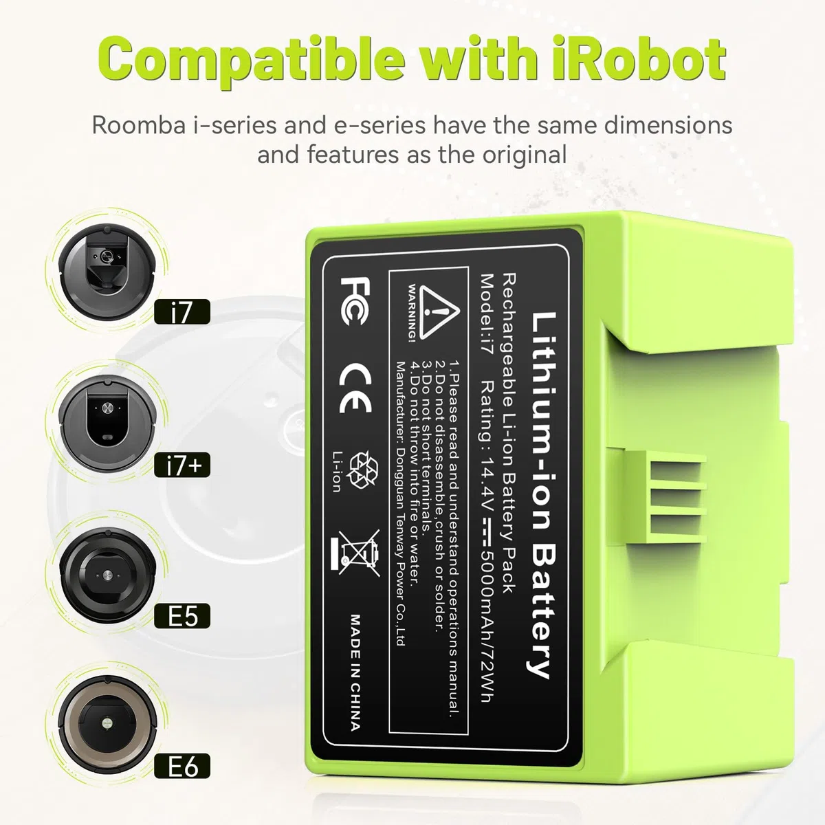 Batteria di ricambio da 5000mAh 14,4V per Roomba i7, ASUNCELL per iRobot Roomba e i Serie i7/i7+ i4/i4+ i3/i3+ e5 e6 i7158 i7550 i755020 7150 750 agli ioni di litio