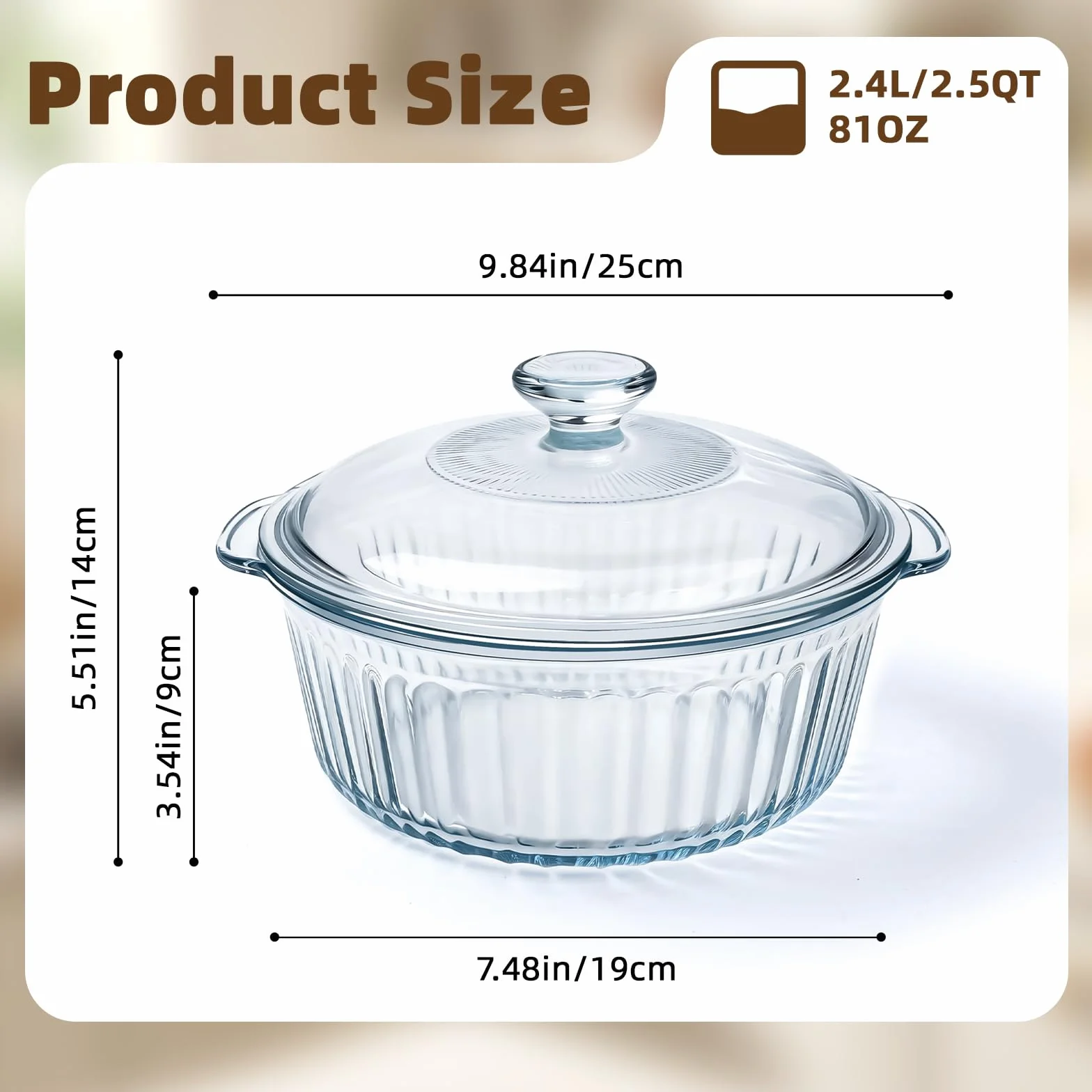 Luvan Pirofila in Vetro 2,4 L / 2,5 QT – Pirofila Rotonda con Coperchio e Manici, Teglia in Vetro Trasparente senza Piombo, Adatta a Forno e Lavastoviglie