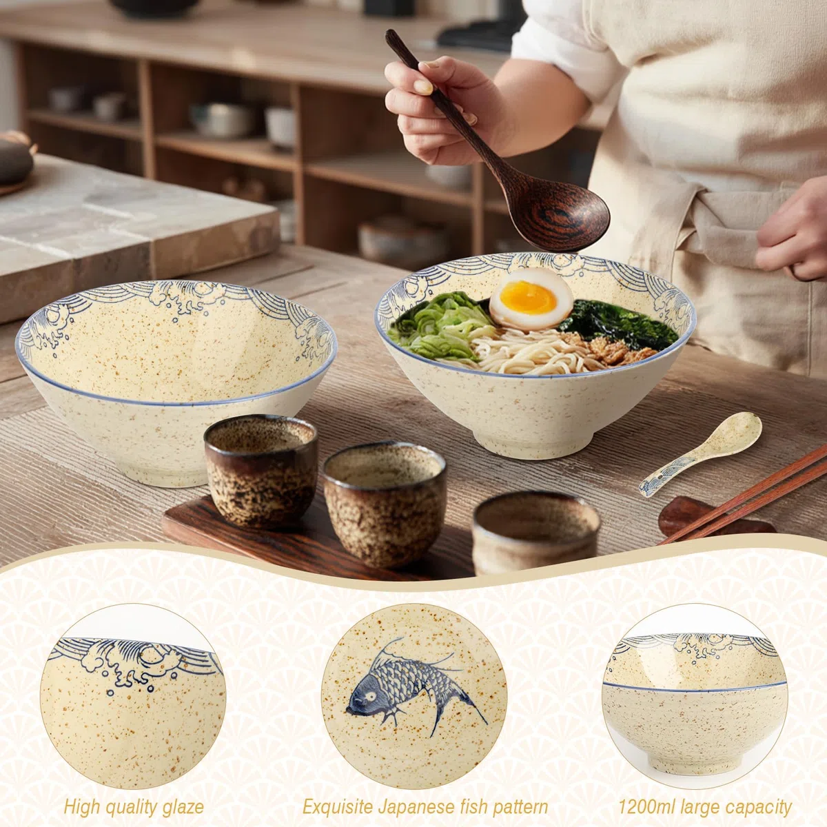 1200 ML Ciotole Giapponesi per Ramen, 2 Set Ciotola Ramen con Bacchette e Cucchiai, Ciotola Ramen in Ceramica, Ramen Bowl per Ramen, Zuppa, Insalata, Muesli, Grande Capacità 20.8 X 20.8 X 8.8 cm