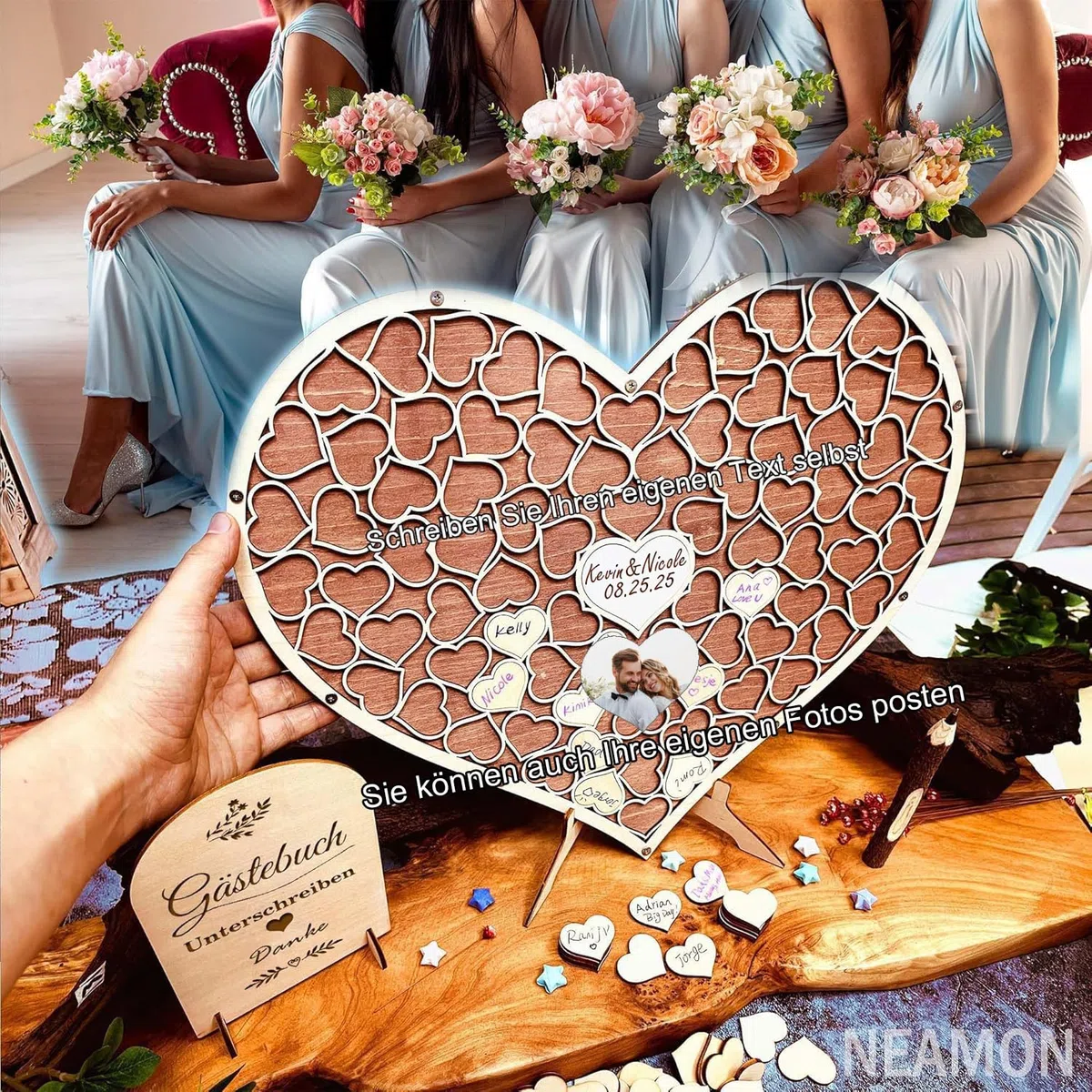 Libro degli ospiti in legno a forma di cuore, libro degli ospiti per matrimonio, compleanno, anniversario, decorazione per feste (marrone rosso)
