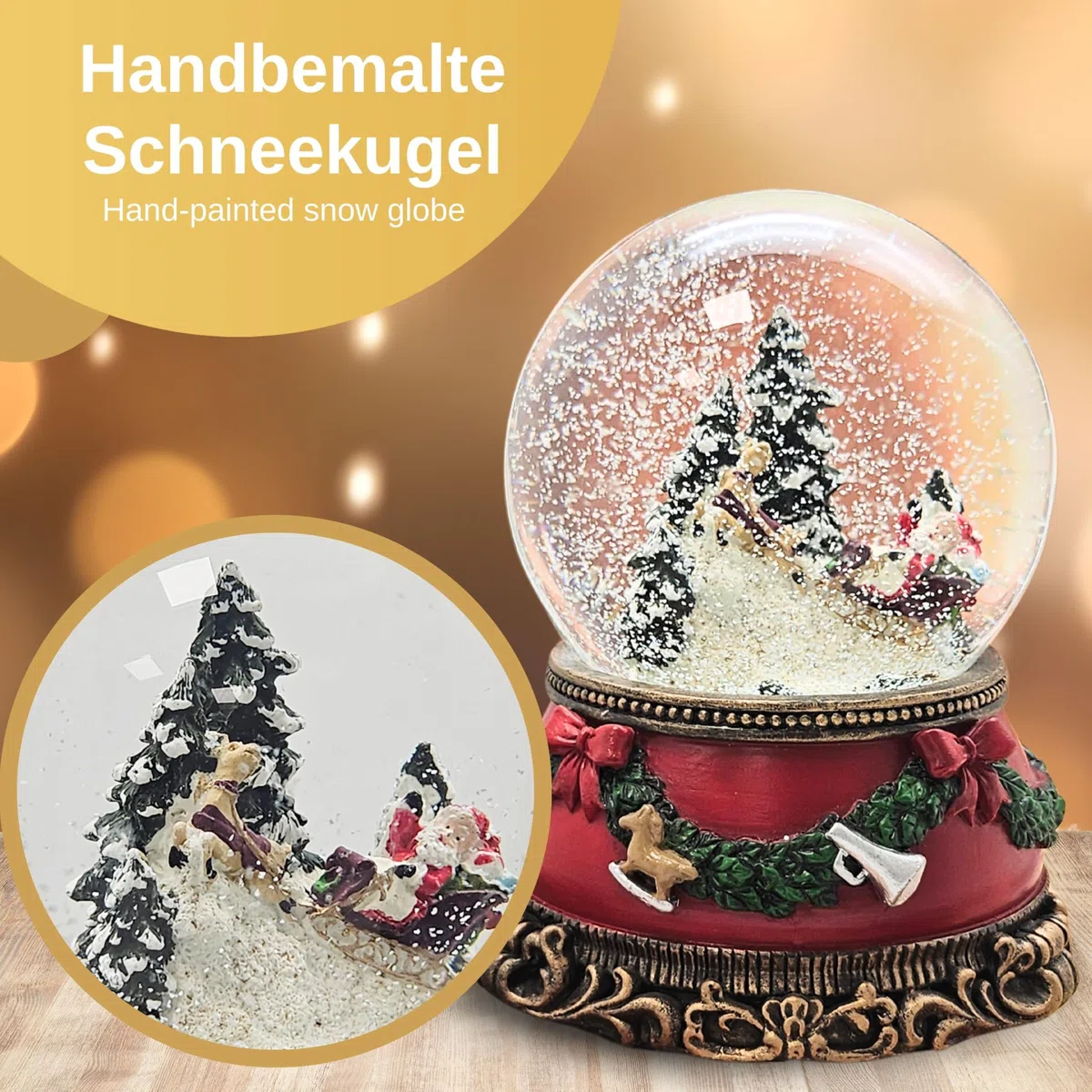 Palla di neve natalizia con carillon | Babbo Natale sul slitta | Base natalizia rossa con ghirlanda di abete | con musica | Palla di neve decorazione natalizia | L: 10 cm A: 14 cm | 20276