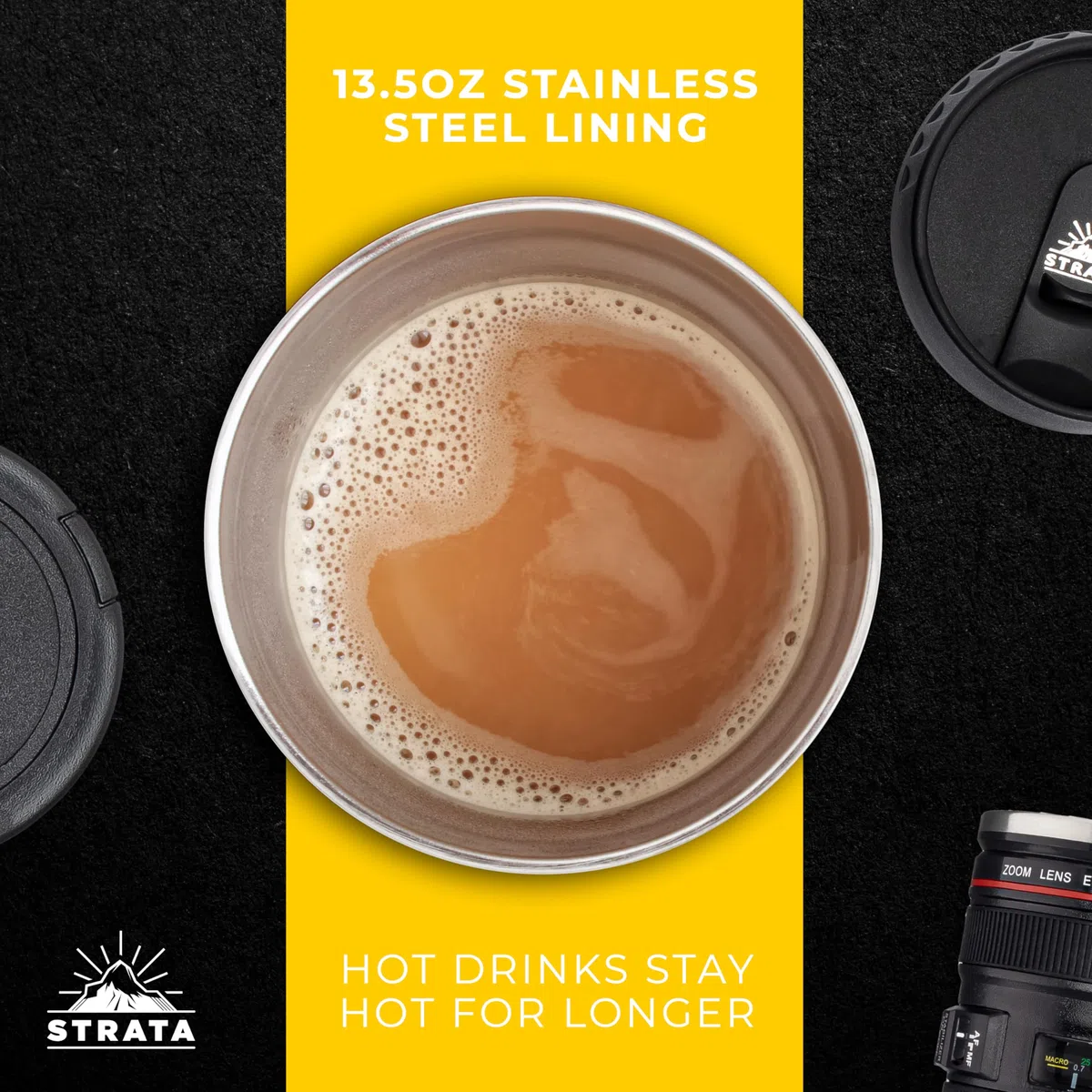 STRATA CUPS Tazza Teleobiettivo da Viaggio 400 ml + 2 COPERCHI + CUCCHIAIO - Mug Termica per Caffè in Acciaio Inossidabile a Forma di Obiettivo di Fotocamera Reflex, Regalo Originale per Fotografo