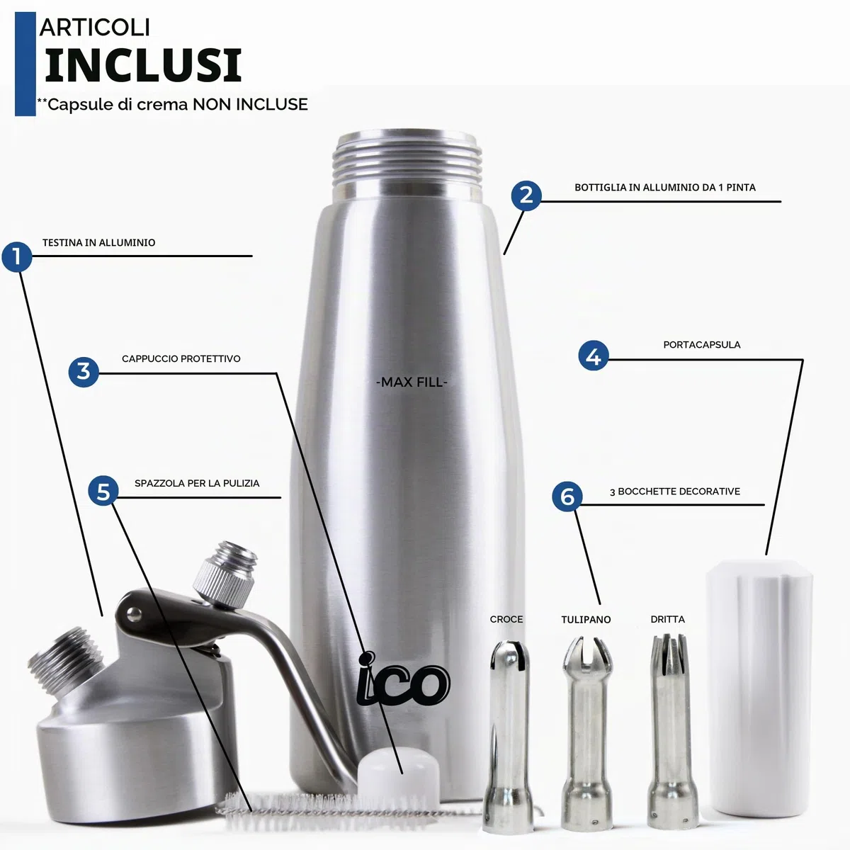 ICO 500ml Alluminio Sifone per Spume/Dosatori Panna e Creme Calde o Fredde