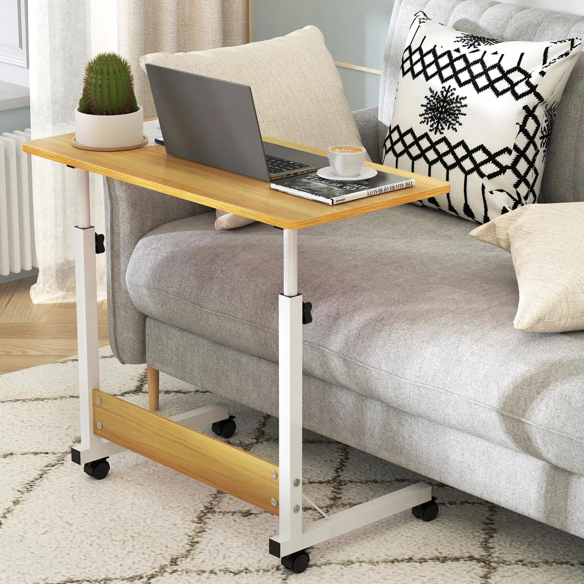 nwixbqqoqn Comodino con rotelle 80x40cm, Tavolo per laptop regolabile in altezza 69-89cm con 4 rotelle, Tavolo rotante per ufficio in camera da letto, Giallo