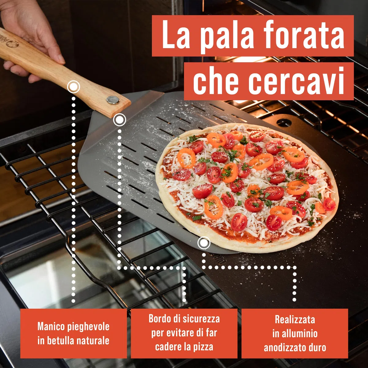 Chef Pomodoro Pala per Pizza Forata in Alluminio con Manico Pieghevole (30,5 x 35,6 cm), Pala per Pizza Corta, Compatta, Maneggevole e Facile da Riporre, Ideale per Pane Fatto in Casa
