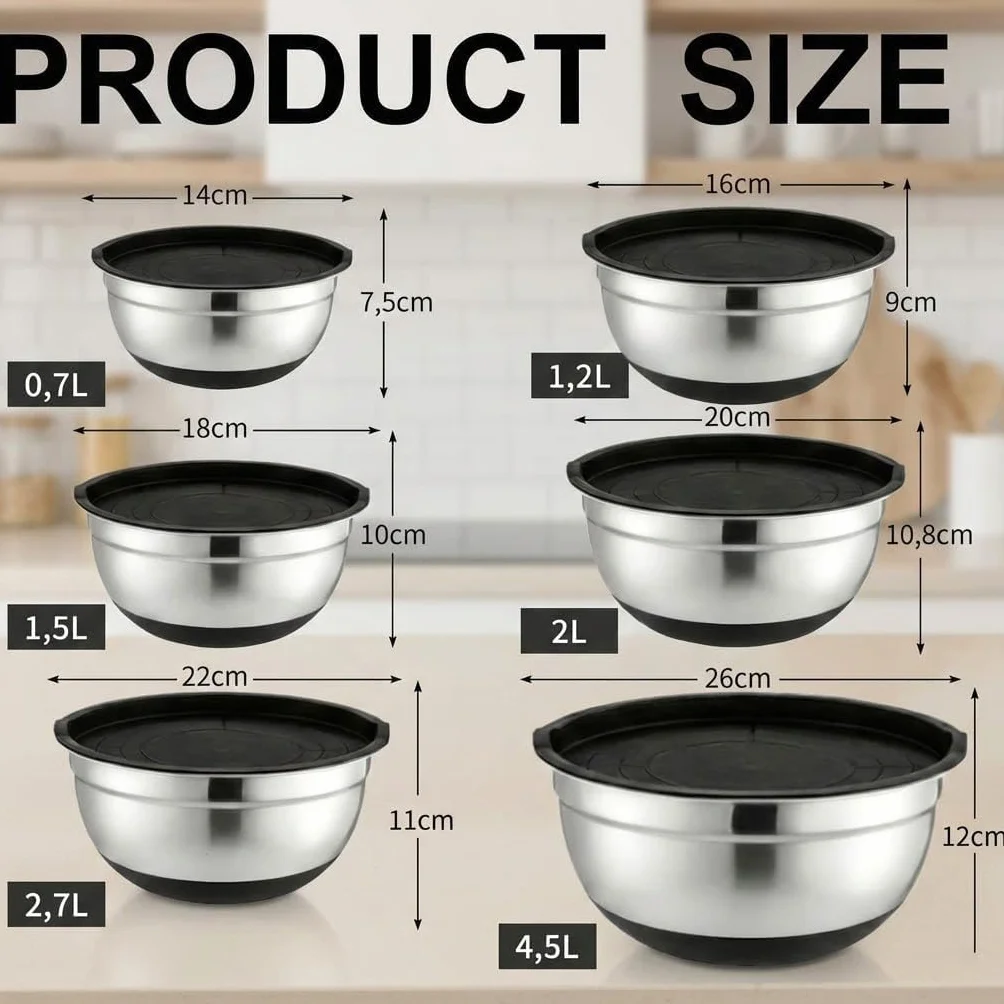 Set di 6 ciotole per la cottura, ciotola in acciaio inox con coperchio trasparente, 3 grattugie, 4,5 l/2,7 l/2 l/1,5 l/1,2 l/0,7 l, per cucinare, cuocere, cucina, nero