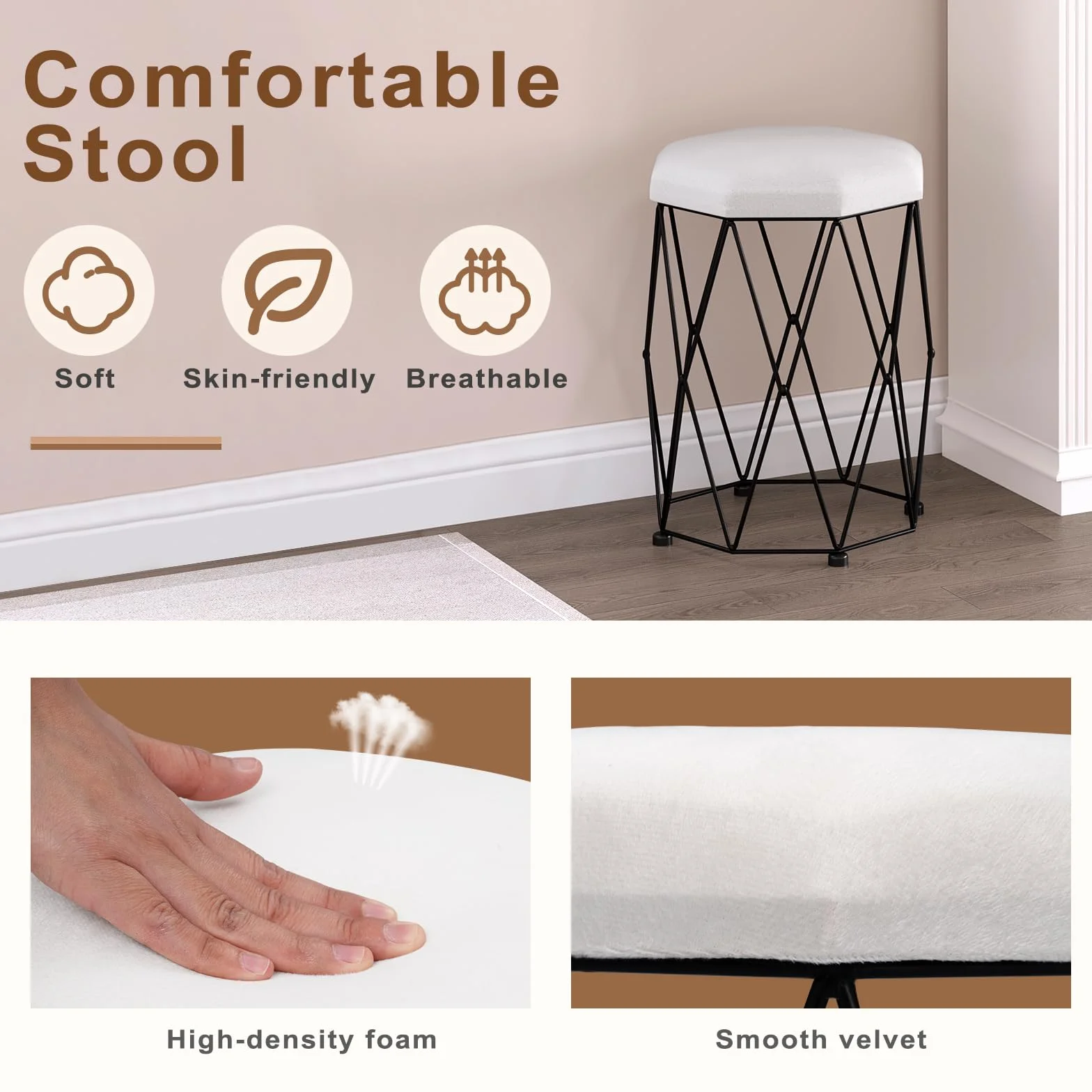 WOLTU Sgabello per Toeletta Trucco, Sedia da Trucco, Sgabello Basso, Seduta in Velluto e Telaio in Metallo, 30x30x44cm, per Camera da Letto, Soggiorno, Ingresso, Bianco + Nero, MB6111wsz