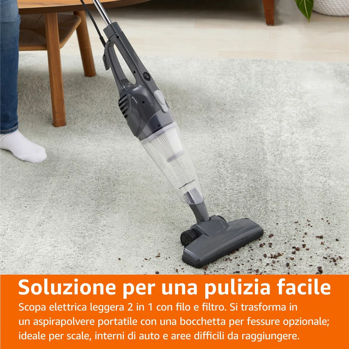 Amazon Basics Scopa Elettrica con Filo, Multifunzione 2-in-1, Motore ECO, Filtro Sostituibile, Ultra Leggera, Nero