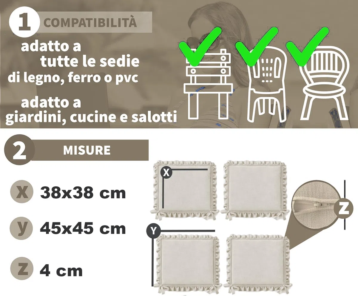 HAND Set 4 Cuscini per Sedie con Lacci Antiscivolo, Sfoderabili, Imbottitura Inclusa, Dimensioni con bordi 45x45 cm, Adatto per Cucina, Interni ed Esterno (Beige)