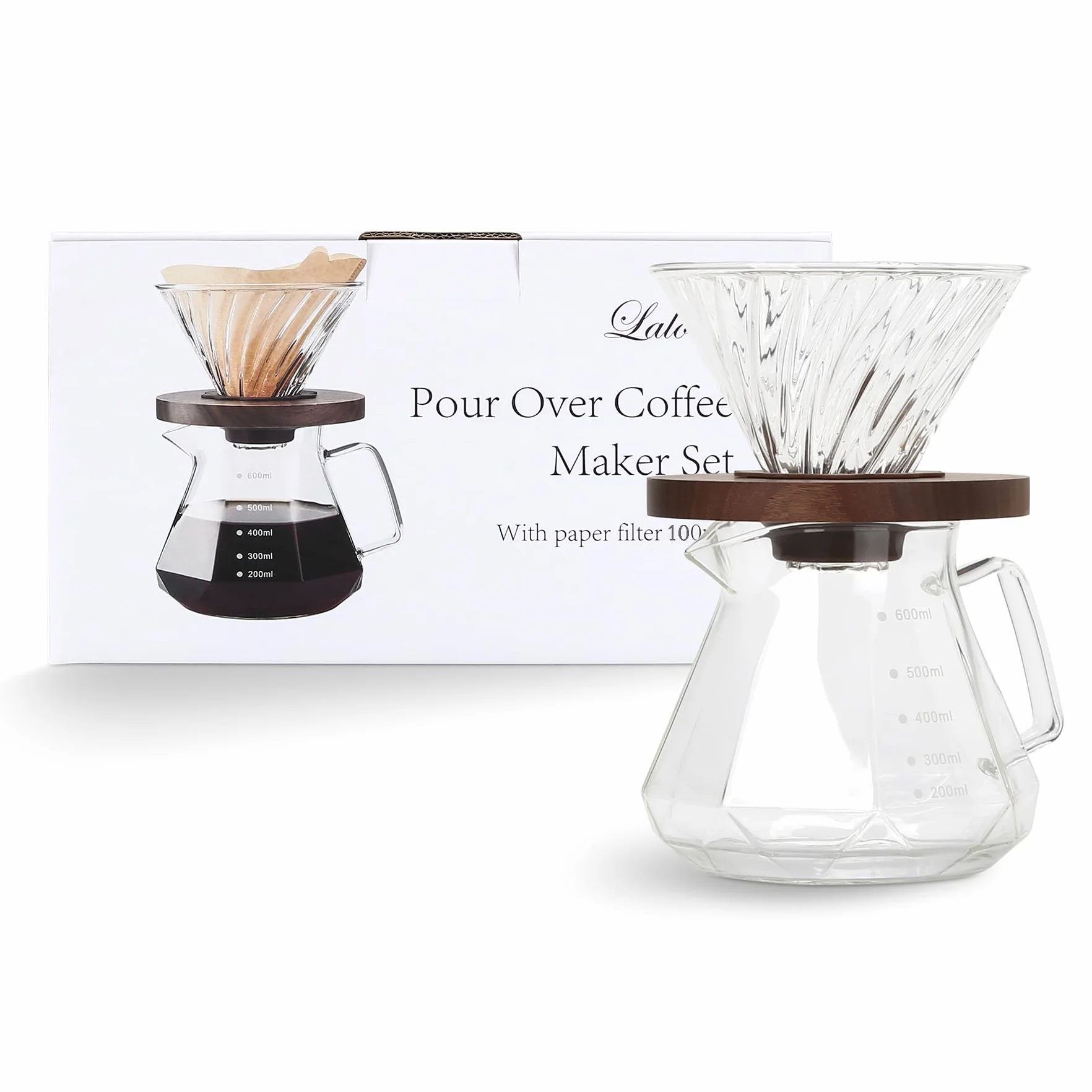 Lalord Caffettiera Pour Over, Caraffa in Vetro Borosilicato da 600 ml con 02 Carta Filtro, 100 pcs, Manico in Noce e Coperchio per Caffettiera