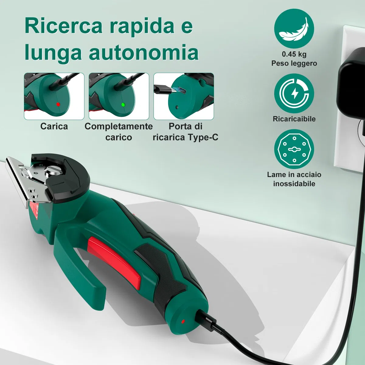HYCHIKA Taglierina Elettrico Rotante 4V, Forbici Elettriche per Tessuti Wireless 300 giri/min, Taglierino Elettrico con 2 lame e un LED, Adatto per tessuti, Cucito, Pelle, Tappeti, Cartone e plastica