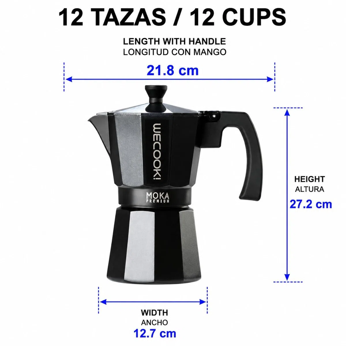WECOOK! Bella Caffettiera Moka Nera in Alluminio, 12 Tazze (600 ml), Guarnizione in Silicone e Valvola di Sicurezza, Adatta per Gas, Elettrico e Vetroceramica – Non Adatta all’Induzione