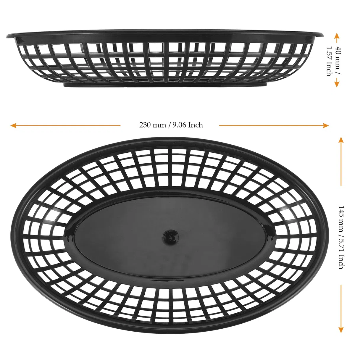 MUKCHAP 60 cestini ovali neri in plastica per fast food, 23 x 14,5 x 4 cm, cestini ovali per fast food, servire cibo per patatine, panini, hamburger