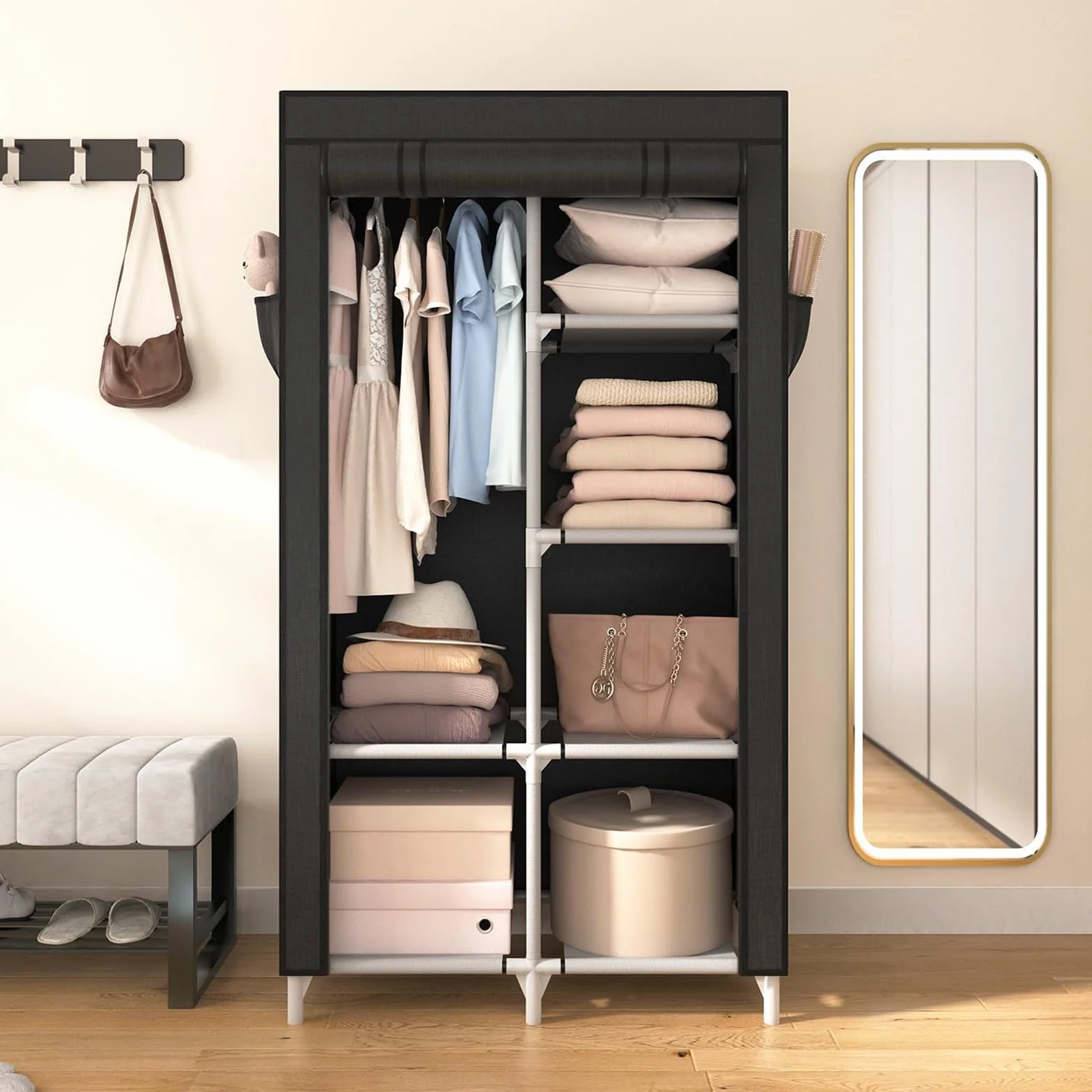 Vicye Armadio in Tessuto, Armadio da Campeggio da 1 Barra Appendiabiti, 6 Ripiani e 4 Tasche Laterali, Guardaroba Armadio Pieghevole per Camera da Letto, 84 x 42 x 162 cm Nero