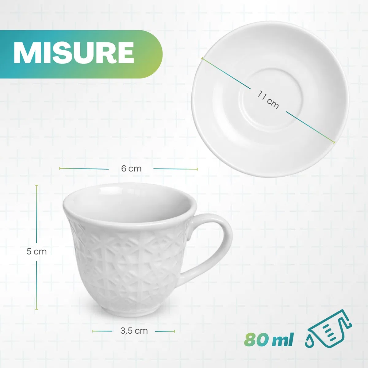PALUPLUS Set 12 Tazzine Caffè con Piattino in Porcellana da 80 ml, Tazze da Espresso Bianche con decoro e manico, Lavabili in Lavastoviglie, adatte per Microonde -670F