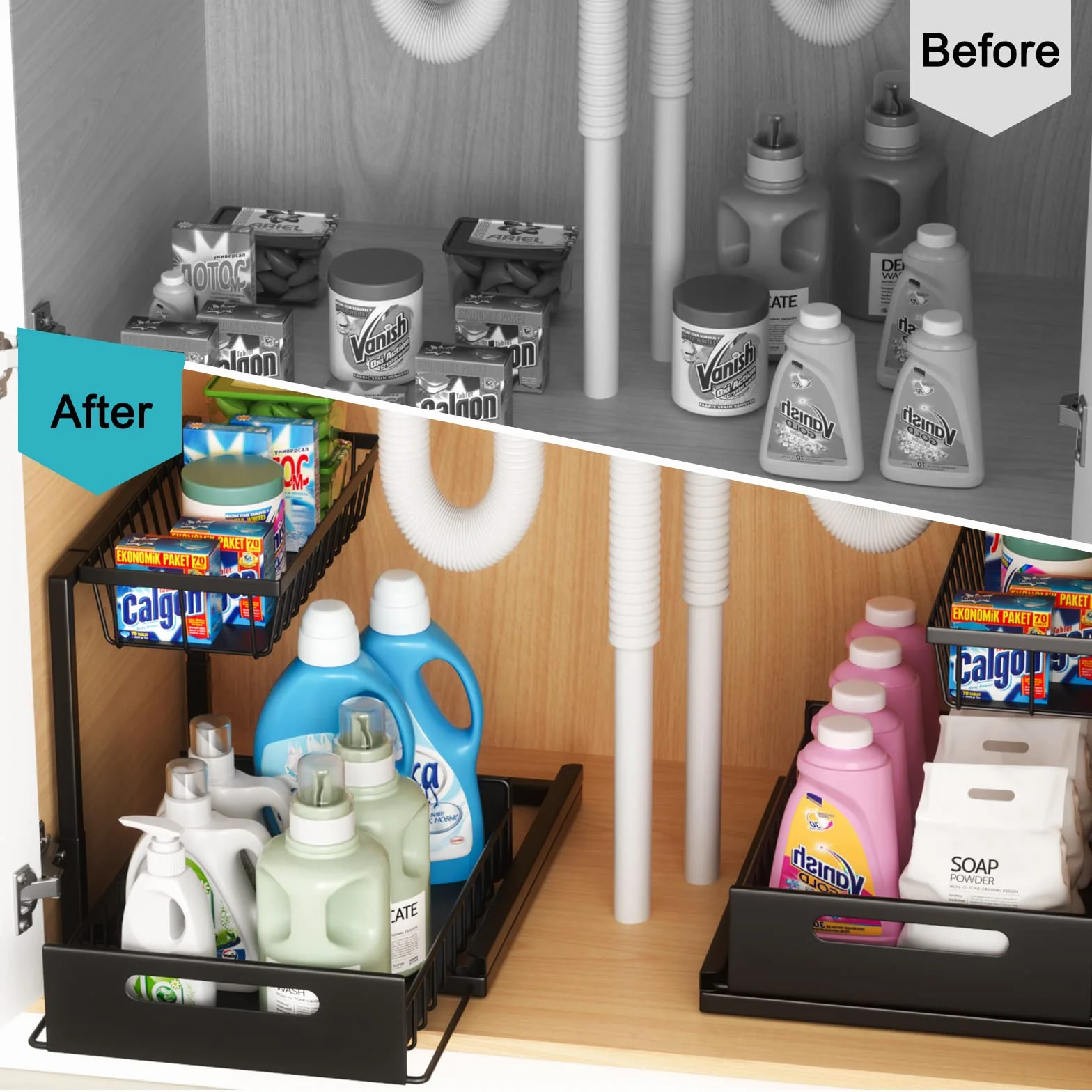 Cocolemon Organizer Sottolavello, Organizer Cucina in Metallo a 2 Livelli, Organizzatore per Armadi Estraibili, Organizzatore da Cucina Stabile e di Grande Capacità, Nero
