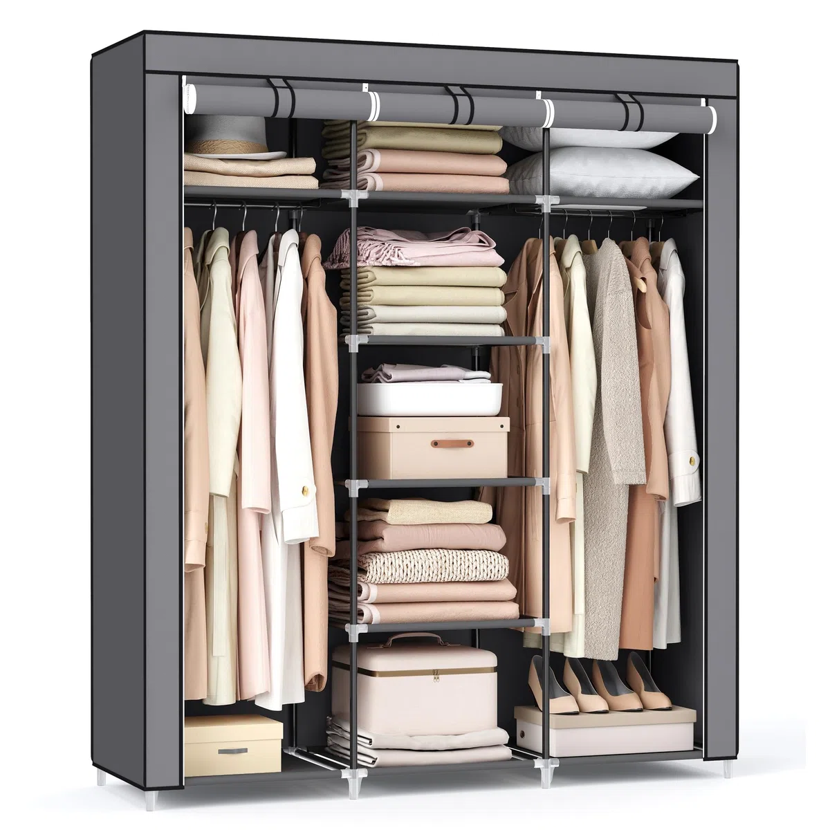 SONGMICS Armadio in Tessuto, Guardaroba Pieghevole con Barra di Sospensione, Appendiabiti, Scaffale per Borse, Giocattoli, Scarpe, Soggiorno, Camera da Letto, 150 x 45 x 175 cm, Grigio RYG12G