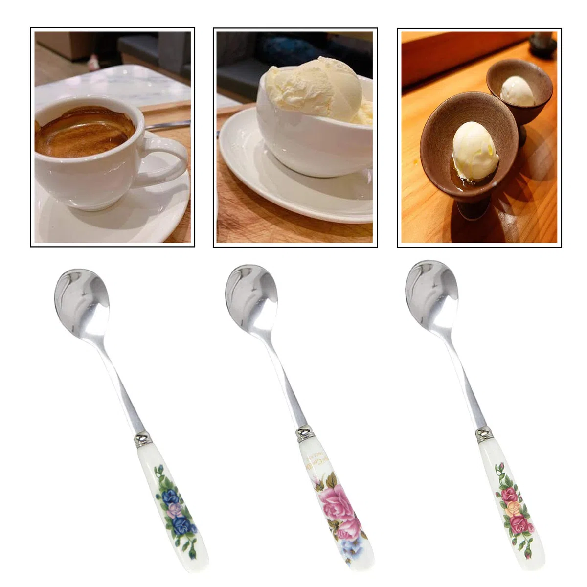 Acciaio Inox Maniglia in Ceramica Cucchiaino 6PCS Lucidato a Specchio - Ideale per Caffè,Manico in Ceramica Cucchiaino da Dessert in Acciaio Inox Cucchiaino da Caffè Per Caffè,Gelati,Dessert