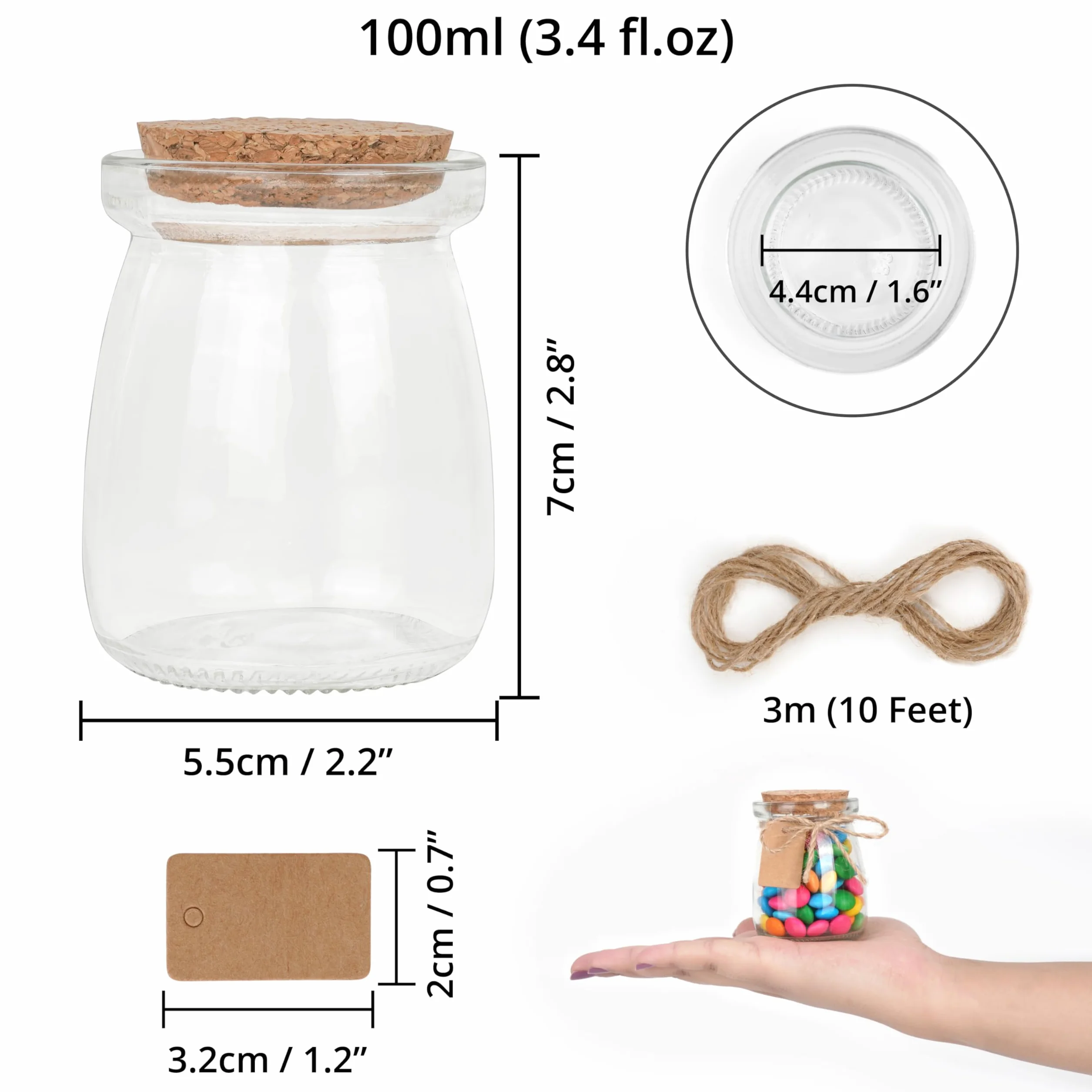 Winter Shore Barattoli di vetro piccoli da 100 ml con coperchio in sughero, confezione da 24, bottiglie di vetro per alimenti, con sughero, spago ed etichette, per caramelle, yogurt, miele, candele