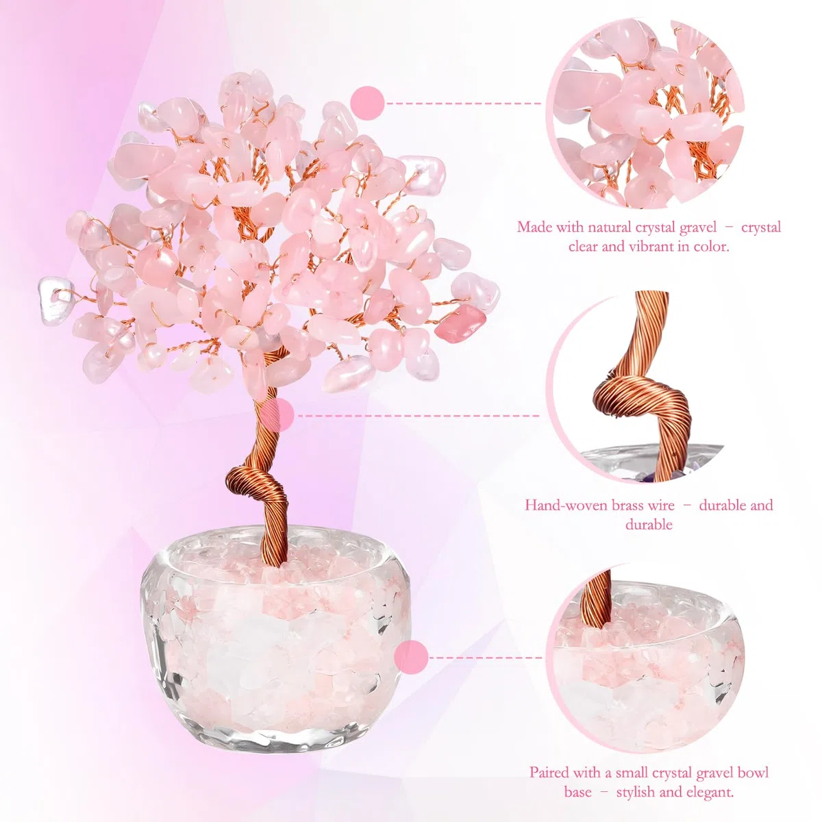 RIVIEVAL Albero di cristallo di quarzo rosa fatto a mano, albero di pietre preziose curative per la casa e l'ufficio, albero dei chakra, regalo di buona fortuna per le donne, compleanno (rosa)