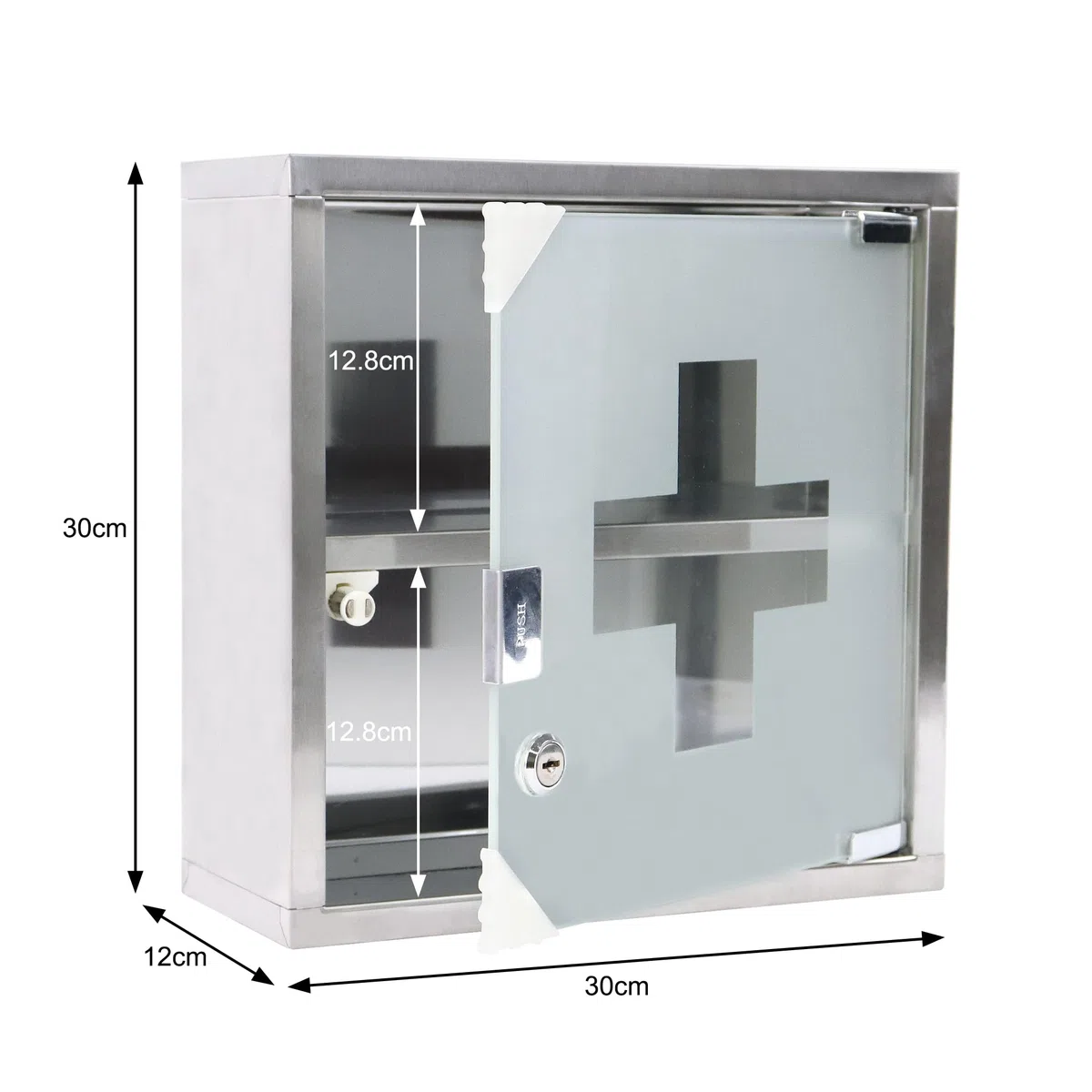 FIVMEN Armadio per medicinali in acciaio inox, con 2 scomparti, per farmacie, da appendere con porta in vetro e 2 chiavi, armadietto per medicinali, 30 x 30 cm