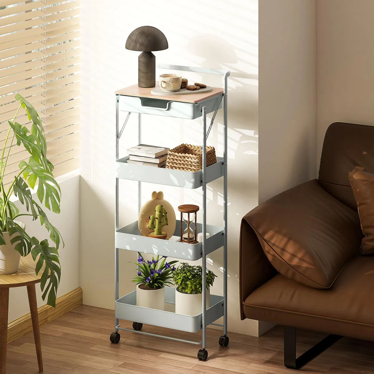 HOMCOM Carrello portaoggetti con ruote a 4 livelli, carrello con ruote con cassetto, vassoio e ceste, per cucina, soggiorno, bagno, ufficio, verde