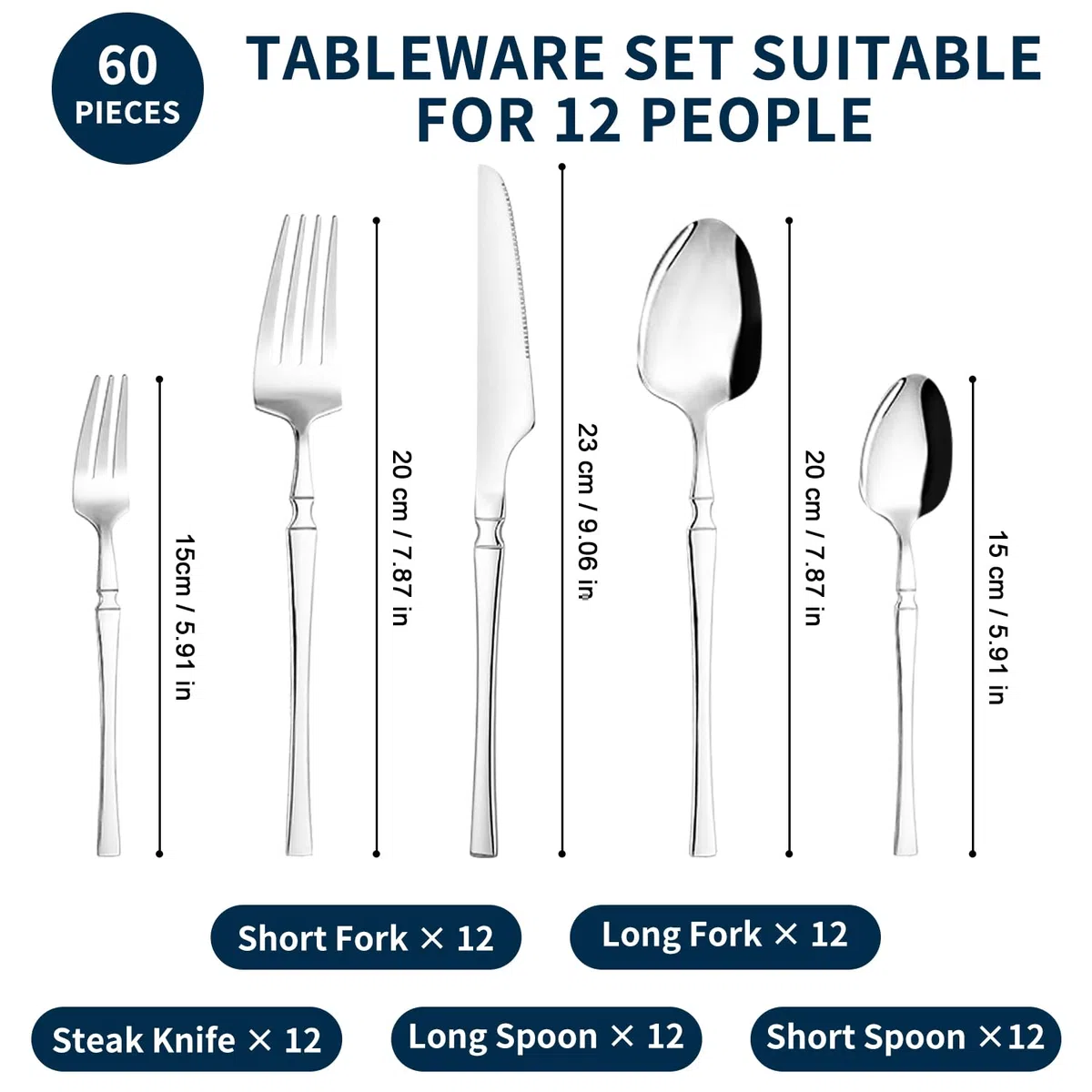Set Posate Acciaio Inox Set di Posate 60 Pezzi per 12 Persone Set di Posate con Coltello Forchetta Cucchiaio in Argento per Casa Ristoranti Feste e Matrimoni Lavabile in Lavastovigli