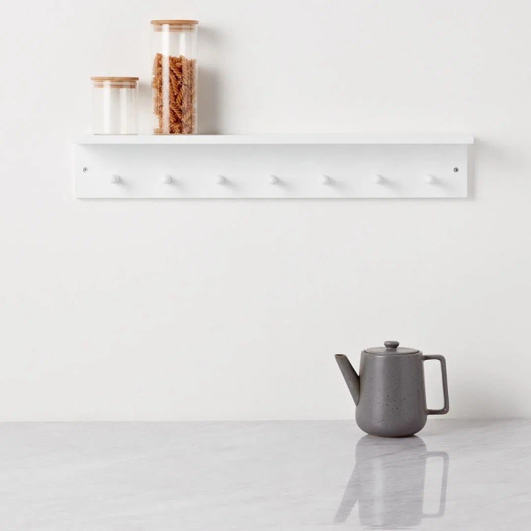 Haus Projekt Appendiabiti da Parete con Mensola, 7 Ganci, Bianco, Mensole da Muro Legno, Attaccapanni, Mensole Bagno, Scaffale da Parete, Mensole Cucina Portaspezie, Appendi Chiavi, 72 x 11,5 x 11,5