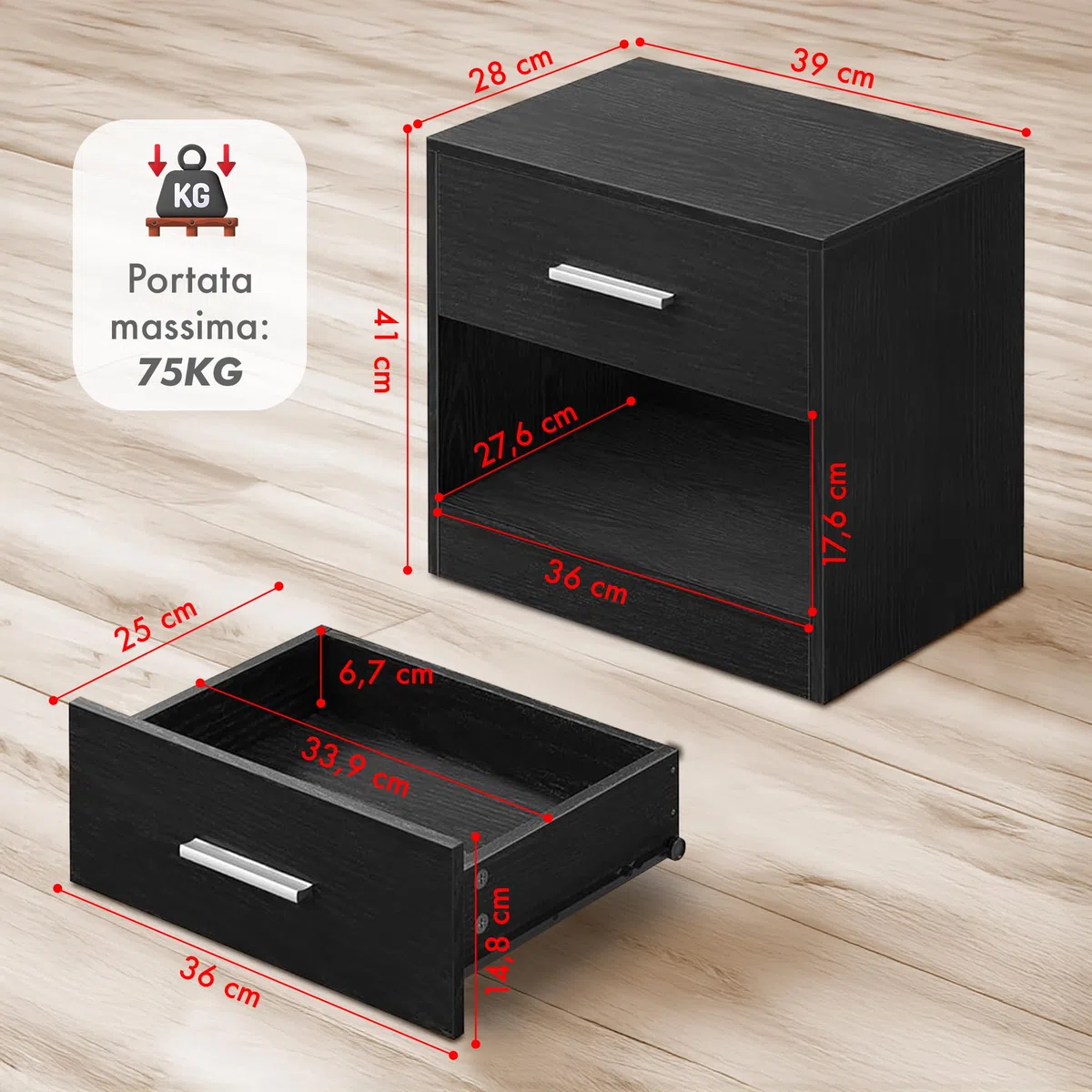 IlGruppone Comodino Moderno Cassetto con Maniglia E Scomparto Aperto Camera da Letto Portalibri Oggetti Mensola Libreria - Nero
