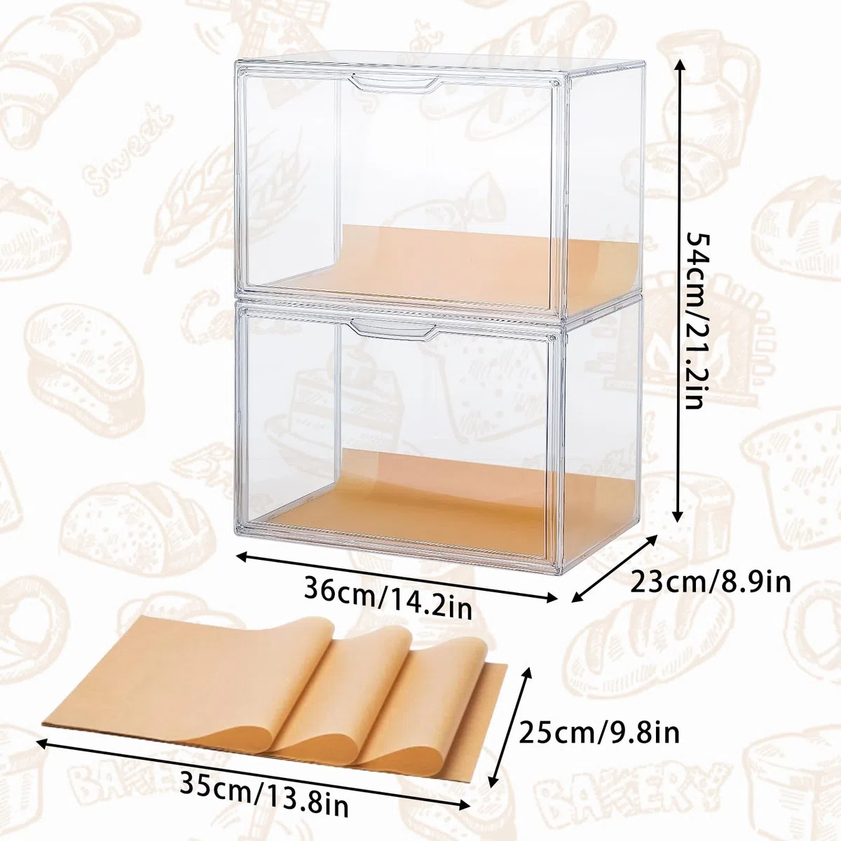 Porta Pane da Cucina Portapane Trasparente con Partizione 50-Carta Forno 8-Etichette Porta Brioches da Bar Vetrinetta Espositiva Porta Fette Biscottate (wu-mbh-transparent-h)