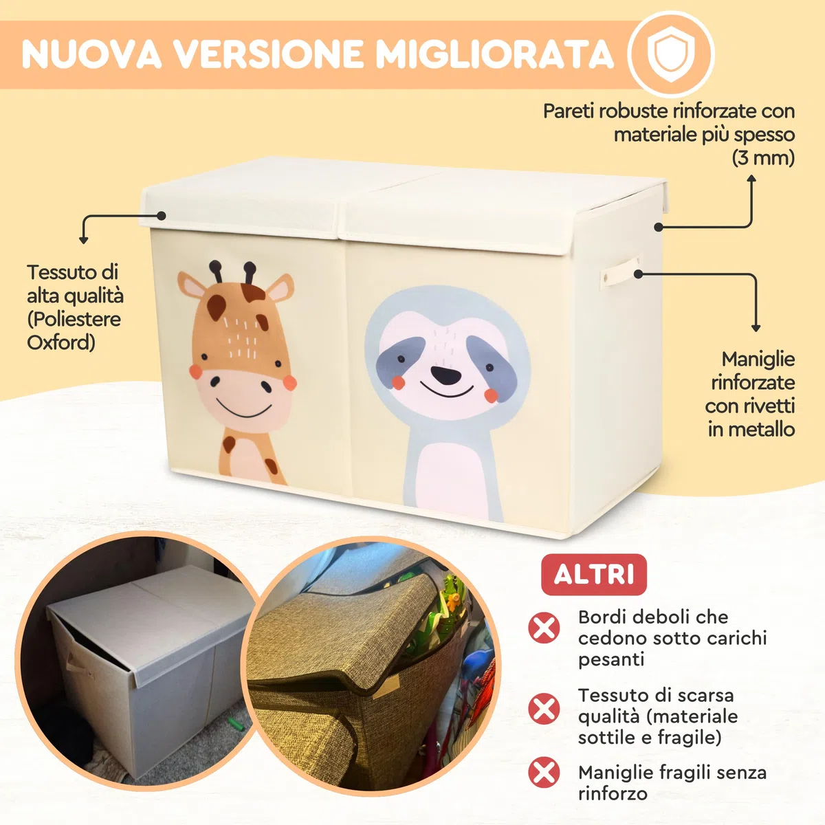 Scatola Porta Giochi per Bambini Beige Pieghevole da 78 Litri. Contenitore Giochi a Doppio Coperchio. Baule e Contenitore Grande in Tessuto Oxford. Organizer Giocattoli. Non Adatto alla Seduta