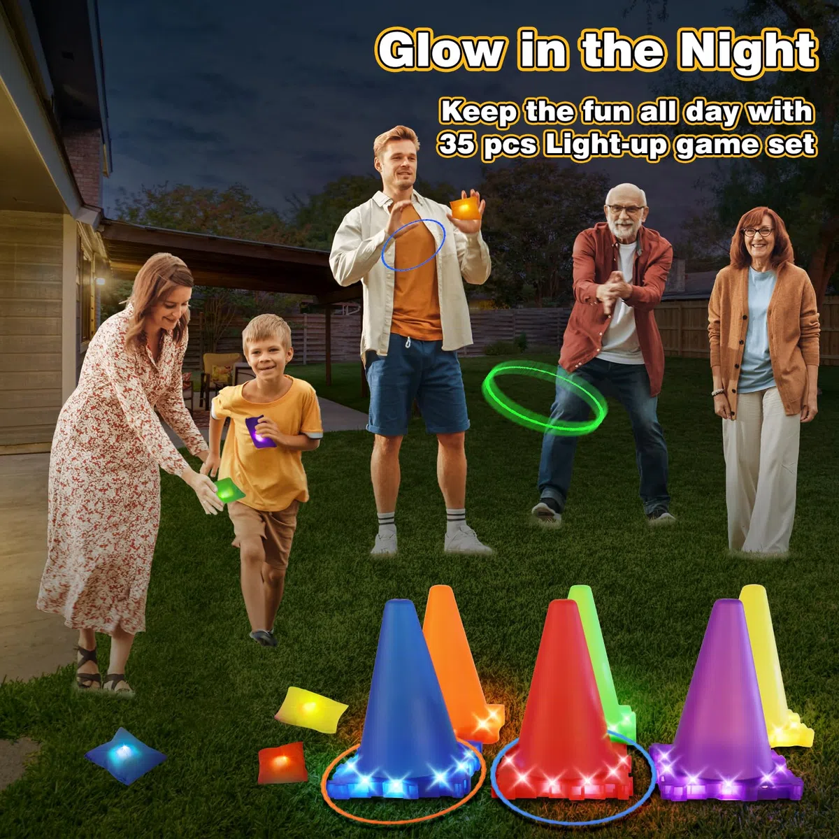 CLEMAS 35 pz Giochi di Lancio Luminosi 5 in 1 per Bambini – Set da Giardino con Cornhole, Anelli & Corsa con l’Uovo – Attività Outdoor per Compleanni e Feste