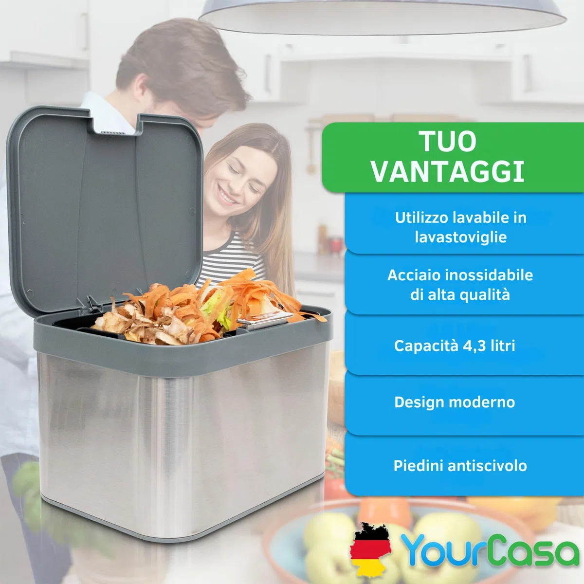 YourCasa Pattumiera per compost 4,3 l per rifiuti organici quotidiani in cucina inserto interno lavabile in lavastoviglie inodore e lavabile in acciaio inox biologico con coperchio (grigio)