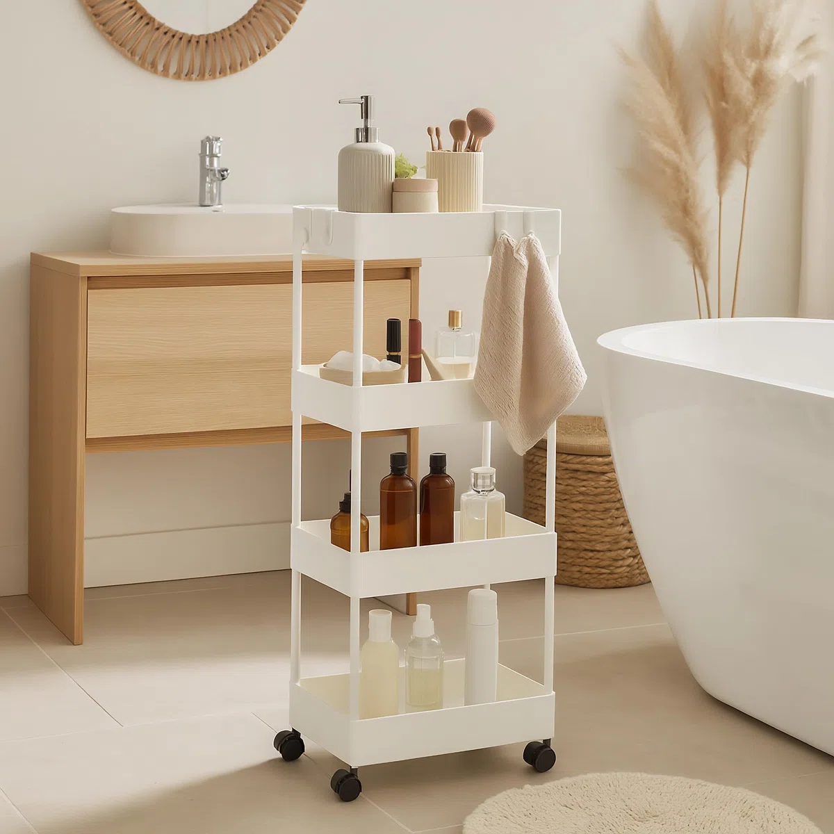 Relaxdays Carrello da Cucina Ruote, 4 Ripiani, Carrellino Portaoggetti per Bagno, Cibo o Detersivi, 93x40x22 cm, Bianco