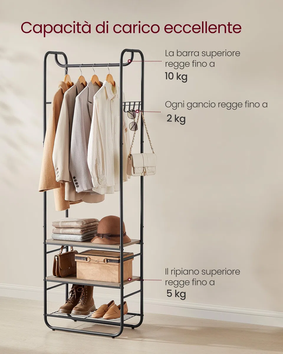 VASAGLE Appendiabiti con Scarpiera per Ingresso, Attaccapanni con Ripiani Portaoggetti, per Soggiorno, Camera da Letto, 58 x 28 x 181 cm, Stile Scandinavo, Nero Inchiostro e Marrone Cammello HSR081K01