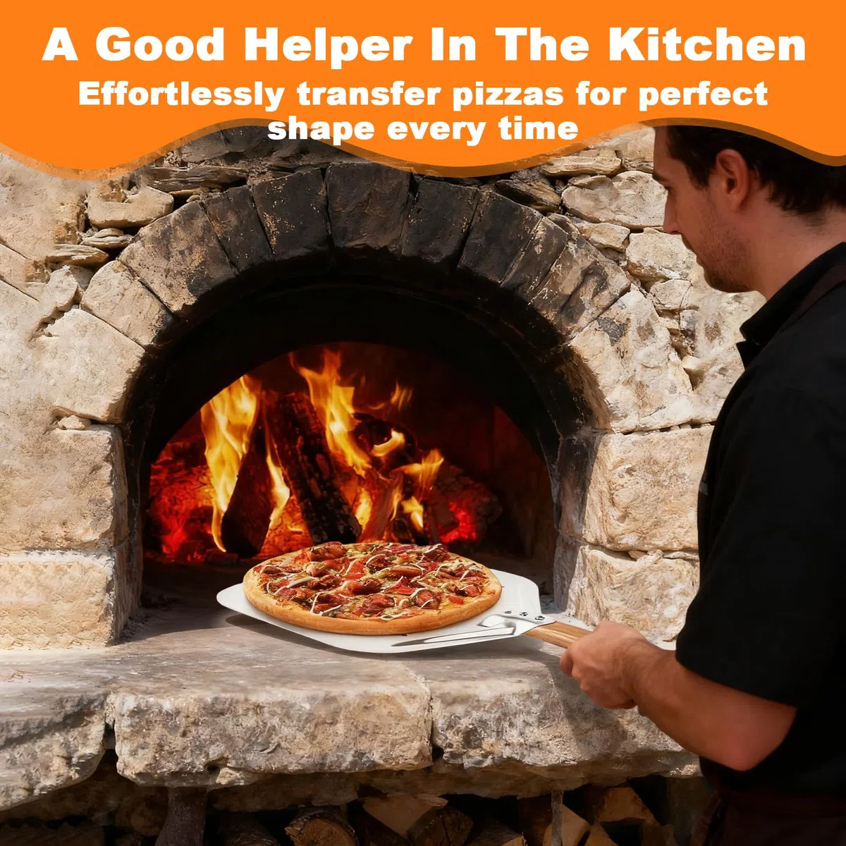 Pala per Pizza Perforata 39,5 x 30 cm con Manico Lungo in Legno Rimovibile, Paletta Pizzas Scorrevole 12 Pollici in Alluminio, Spatola Pane Forata Grande Professionale per Gasgrill, Barbecue e Forno