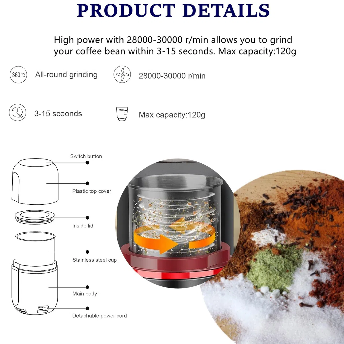 macina caffe' elettrico - Macinacaffè capacità 120 g macina spezie per noci spezie cereali peperoni 150 W mulino elettrico con spazzola nero