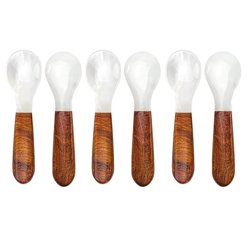 DUEBEL Set di 6 cucchiai di caviale con manico in legno, 12 cm, cucchiaio in madreperla per caviale, riserve uova, catering