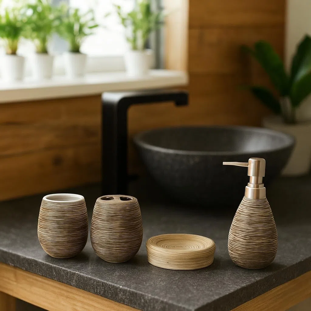 Set Bagno Accessori Completo in Resina - Moderni - 4 Accessori Porta Sapone e Spazzolini -
