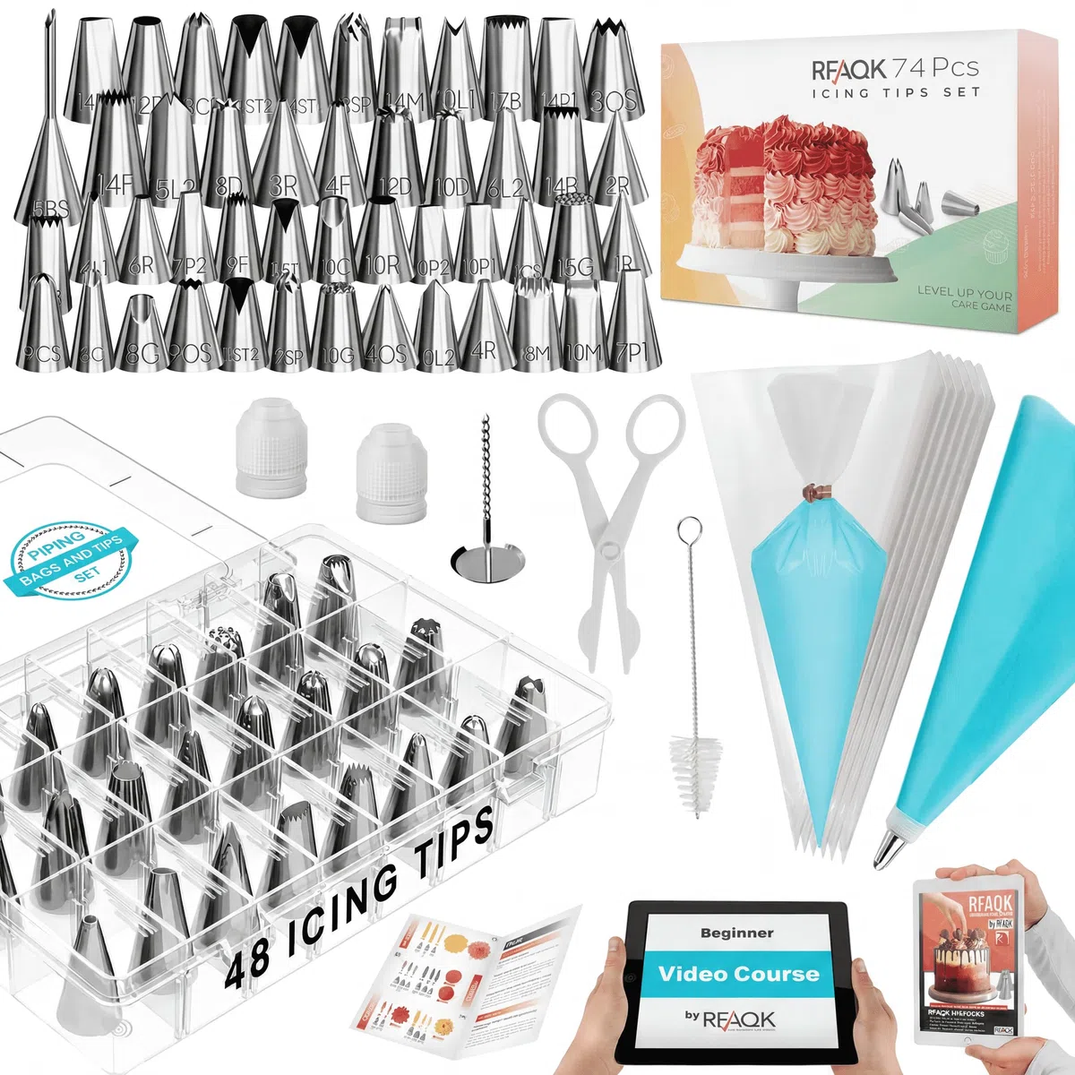 Beccucci Sac a Poche Riutilizzabile-RFAQK 74 PCs Bocchette Sac a Poche includere 48 Numerato Beccuccio Sacca a Poche & Sac a Poche Usa e Getta- Tabella Dei Modelli,EBook & Pasticceria Accessori