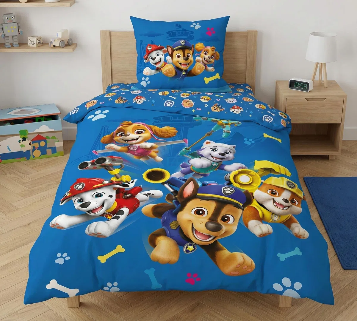 Set Letto Paw Patrol 3 Pezzi - Copripiumino 140x200 cm + Federa 63x63 cm + Lenzuolo Sotto con Angoli 90x190 cm - 100% Poliestere Morbido - Certificato Oeko-Tex - Design Chase, Marshall e Skye