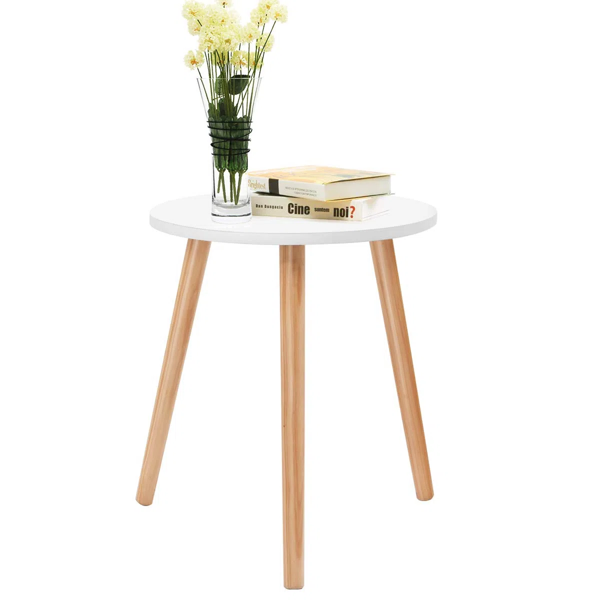 GIANTEX Tavolino da Caffè Rotondo, Tavolino da Soggiorno in Legno per Camera da Letto, Soggiorno, Balcone, Comodino con 3 Gambe in Pino, Bianco, 40x40x48cm