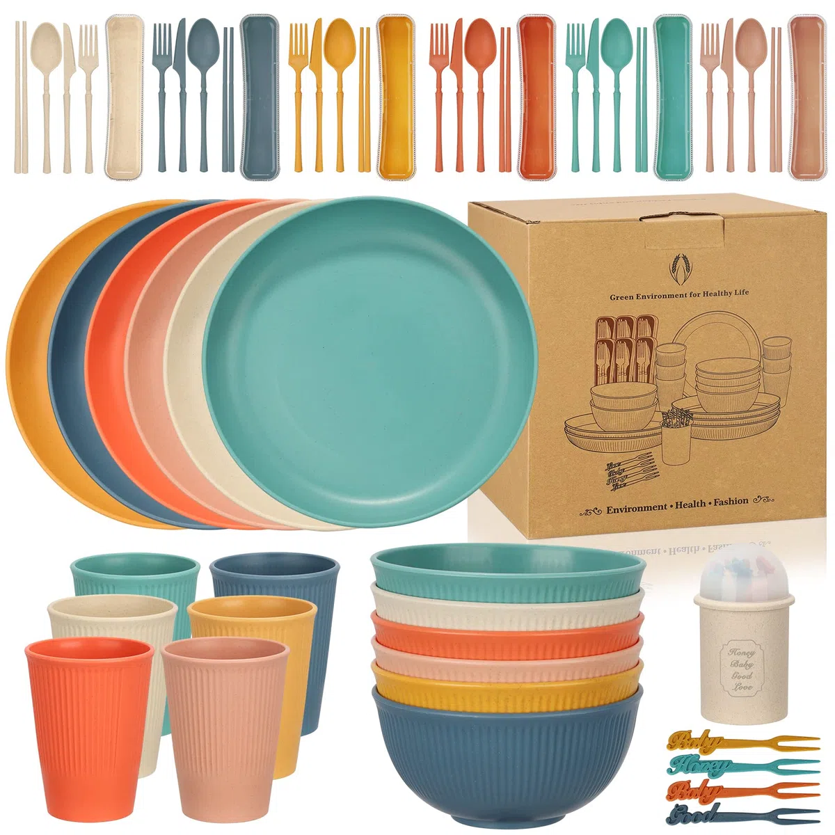 Set da 60 pezzi, piatti da campeggio e ciotole per 6 persone, stoviglie infrangibili, piatti da portata in plastica leggera, ciotole, tazze, set di posate per campeggio, picnic, feste, camper,